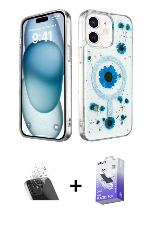 iPhone 12 Kılıf Kozmos Doku - Siyah Bilvis 5in1 5D Magic Hayalet Cam Ekran Koruyucu + Şeffaf Ka