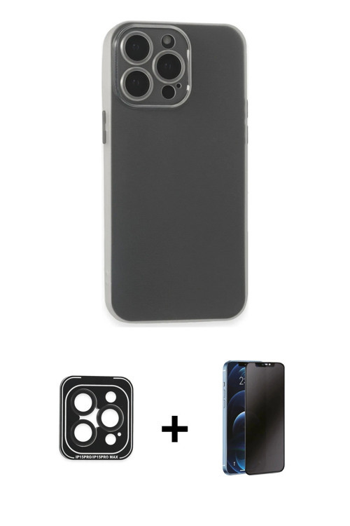 iPhone 15 Pro Max Kılıf Atlas Minimal Prime - Siyah 3D Antistatik Hayalet Cam Ekran Koruyucu +