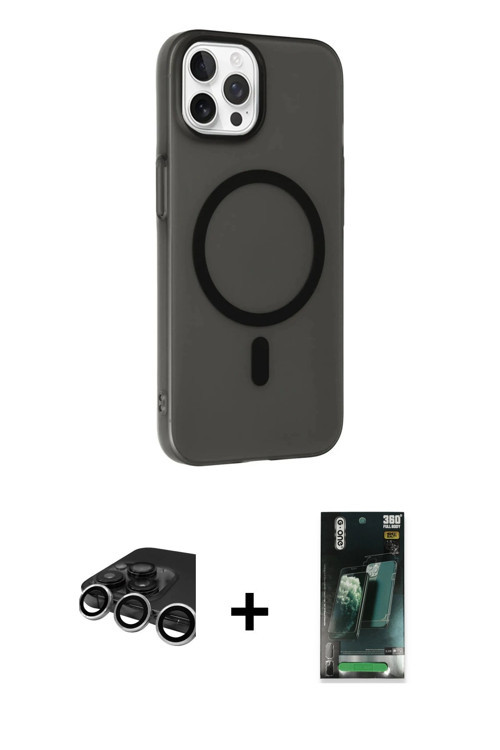 iPhone 15 Pro Max Kılıf Çekirdek Modern Prime - Şeffaf 360 Full Body Arka Koruyucu + Gümüş Raze