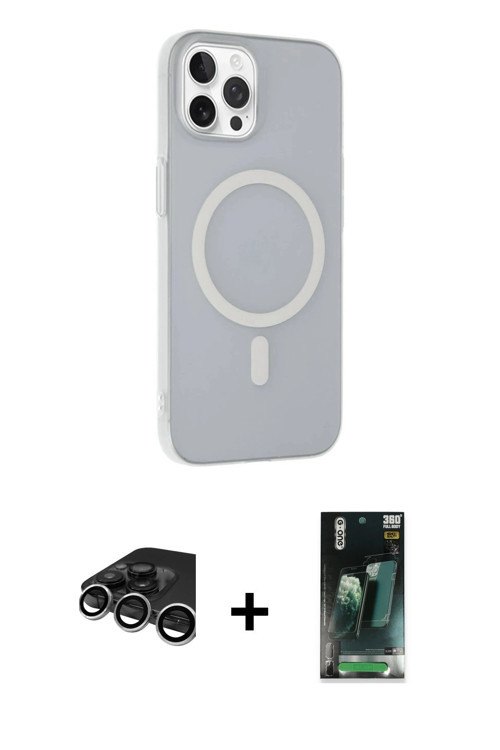 iPhone 15 Pro Max Kılıf Çekirdek Modern Prime - Şeffaf 360 Full Body Arka Koruyucu + Gümüş Raze