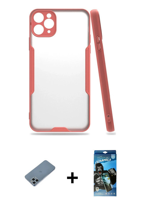 iPhone 11 Pro Kılıf Atlas Asil Serisi - Siyah 34D Izgaralı Cam + Sierra Blue Shine Kamera Lens
