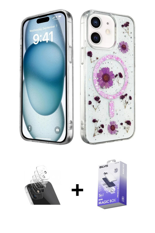 iPhone 12 Kılıf Kozmos Doku - Siyah Bilvis 5in1 5D Magic Hayalet Cam Ekran Koruyucu + Şeffaf Ka