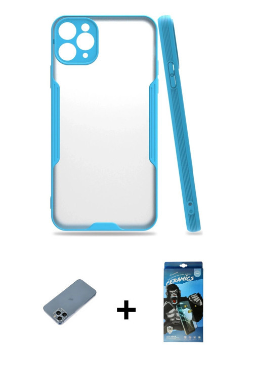 iPhone 11 Pro Kılıf Atlas Asil Serisi - Siyah 34D Izgaralı Cam + Sierra Blue Shine Kamera Lens