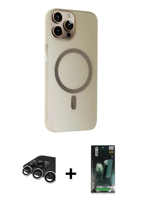 iPhone 15 Pro Max Kılıf Çekirdek Modern Prime - Şeffaf 360 Full Body Arka Koruyucu + Gümüş Raze