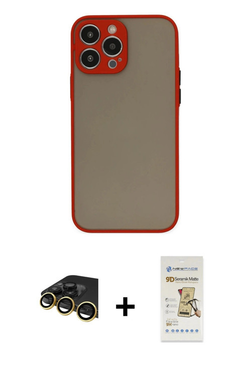 iPhone 14 Pro Kılıf Ahenk Çizgi Serisi - Siyah Mat Seramik Nano Ekran Koruyucu + Gold Raze Meta