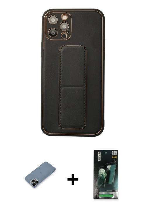 iPhone 12 Pro Kılıf Akış Doku - Şeffaf 360 Full Body Arka Koruyucu + Siyah Shine Kamera Lens Ko