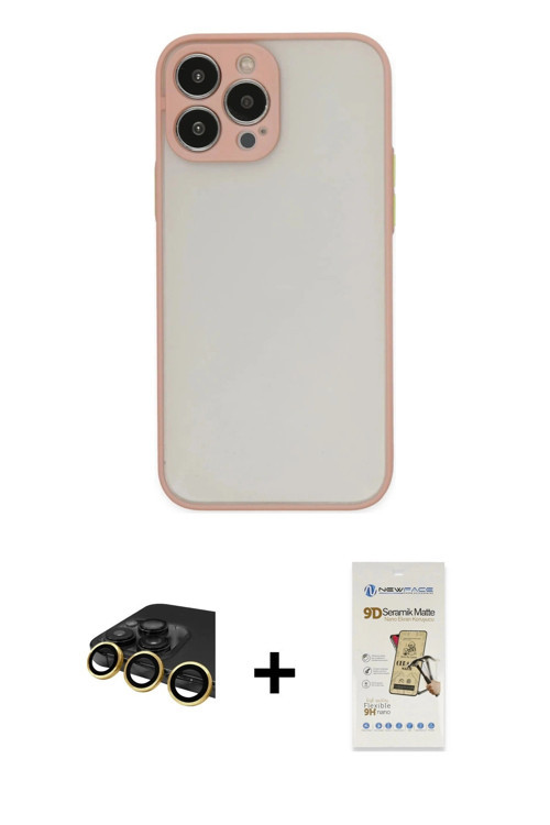 iPhone 14 Pro Kılıf Ahenk Çizgi Serisi - Siyah Mat Seramik Nano Ekran Koruyucu + Gold Raze Meta