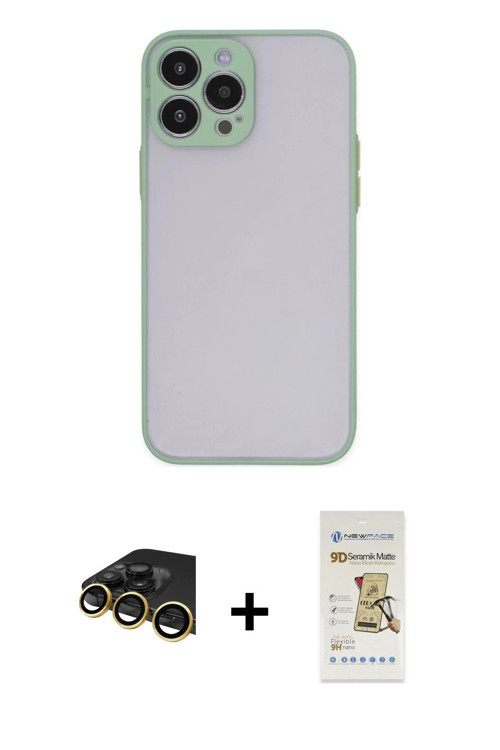 iPhone 14 Pro Kılıf Ahenk Çizgi Serisi - Siyah Mat Seramik Nano Ekran Koruyucu + Gold Raze Meta