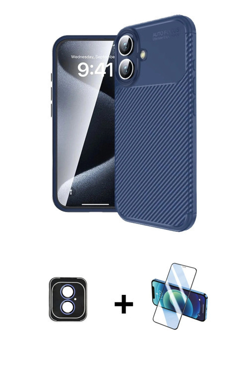 ieg™ iPhone 16 Kılıf Eksen Form Prime - Siyah 3D Antistatik Seramik Nano Ekran Koruyucu + Mavi PVD M
