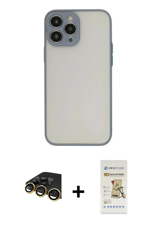 iPhone 14 Pro Kılıf Ahenk Çizgi Serisi - Siyah Mat Seramik Nano Ekran Koruyucu + Gold Raze Meta