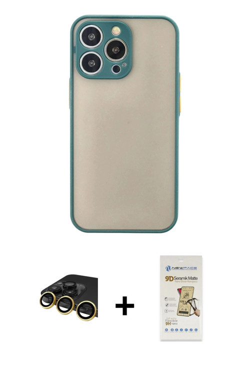 iPhone 14 Pro Kılıf Ahenk Çizgi Serisi - Siyah Mat Seramik Nano Ekran Koruyucu + Gold Raze Meta