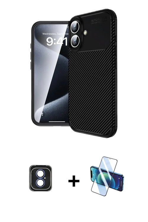 ieg™ iPhone 16 Kılıf Eksen Form Prime - Siyah 3D Antistatik Seramik Nano Ekran Koruyucu + Mavi PVD M