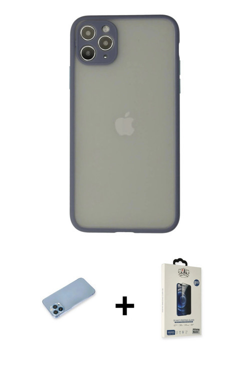 iPhone 12 Pro Max Kılıf Ahenk Çizgi Serisi - Siyah Bilvis Hayalet Cam Ekran Koruyucu + Mavi Shi
