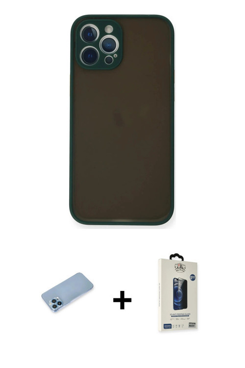 iPhone 12 Pro Max Kılıf Ahenk Çizgi Serisi - Siyah Bilvis Hayalet Cam Ekran Koruyucu + Mavi Shi