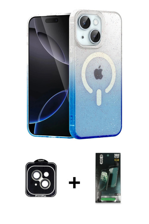 iPhone 14 Kılıf Eksen Minimal Özel Seri - Şeffaf 360 Full Body Arka Koruyucu + Yeşil PVD Metal