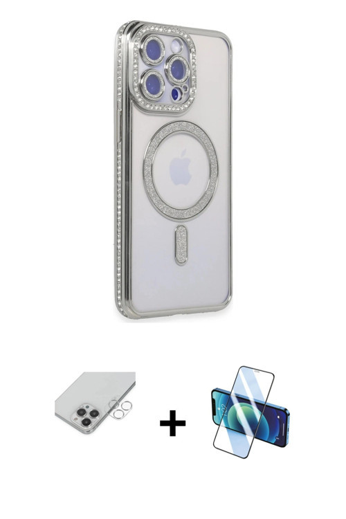 iPhone 14 Pro Max Kılıf Zirve Doku Prime - Siyah 3D Antistatik Cam Ekran Koruyucu + Gümüş Band