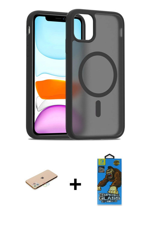 iPhone 11 Pro Max Kılıf Siluet Minimal Prime - Siyah 18D Cam Ekran Koruyucu + Mavi Renkli Kamer