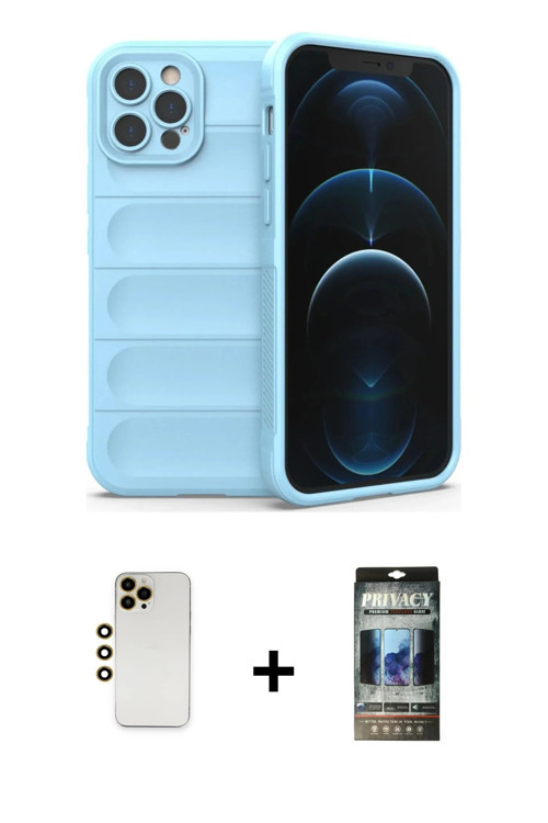 iPhone 12 Pro Kılıf Atlas Koleksiyonu - Siyah 34D Hayalet Izgaralı Cam + Gold Shine Kamera Lens