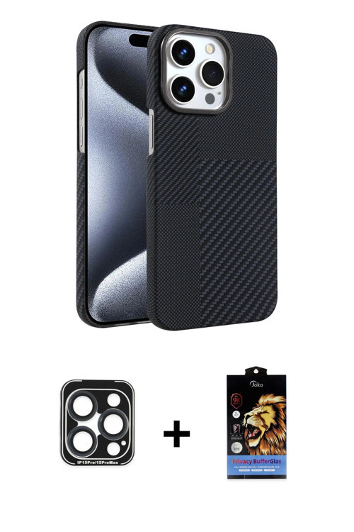 iPhone 15 Pro Max Kılıf Doruk Serisi - Siyah Buffer Hayalet Cam Ekran Koruyucu + Lacivert PVD M