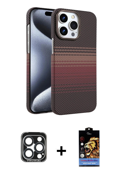 iPhone 15 Pro Max Kılıf Doruk Serisi - Siyah Buffer Hayalet Cam Ekran Koruyucu + Lacivert PVD M
