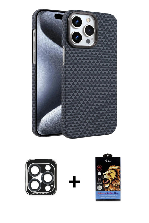 iPhone 15 Pro Max Kılıf Doruk Serisi - Siyah Buffer Hayalet Cam Ekran Koruyucu + Lacivert PVD M