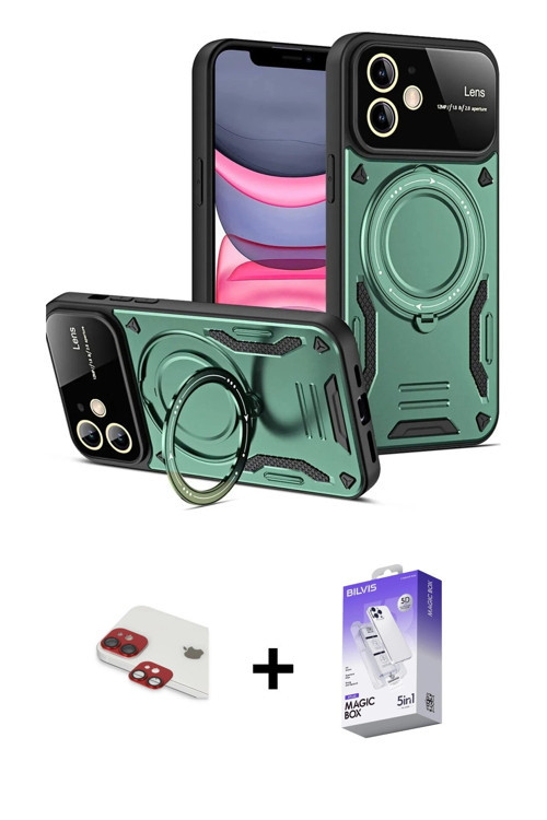 iPhone 11 Kılıf Kıvılcım Modern Serisi - Siyah Bilvis 5in1 3D Magic Cam Ekran Koruyucu + Kırmız