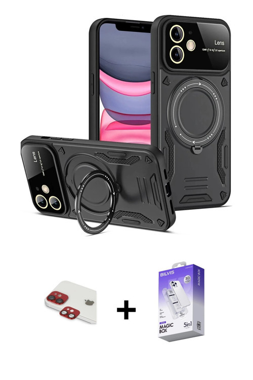 iPhone 11 Kılıf Kıvılcım Modern Serisi - Siyah Bilvis 5in1 3D Magic Cam Ekran Koruyucu + Kırmız