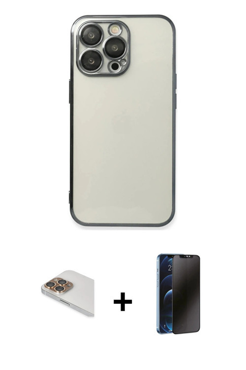iPhone 13 Pro Max Kılıf Vadi Minimal - Siyah 3D Antistatik Hayalet Cam Ekran Koruyucu + Gold Pe