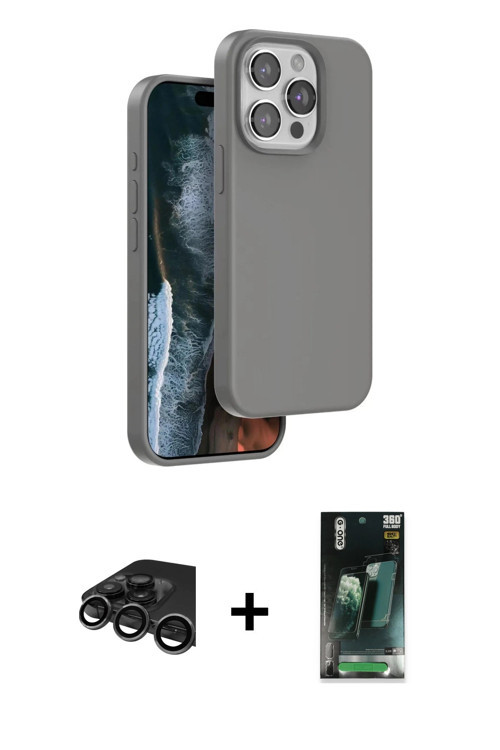 iPhone 15 Pro Kılıf Kıvılcım Çizgi Serisi - Şeffaf 360 Full Body Arka Koruyucu + Titanyum Gri R