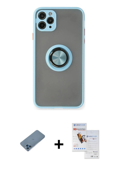 iPhone 11 Pro Max Kılıf Yörünge Çizgi - Siyah Seramik Nano Ekran Koruyucu + Mavi Shine Kamera L