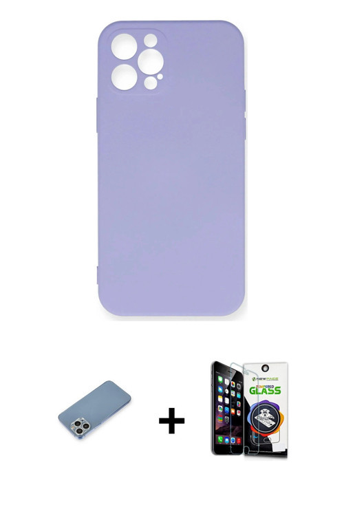 iPhone 12 Pro Max Kılıf Ahenk Serisi - Şeffaf Temperli Cam Ekran Koruyucu + Gümüş Shine Kamera
