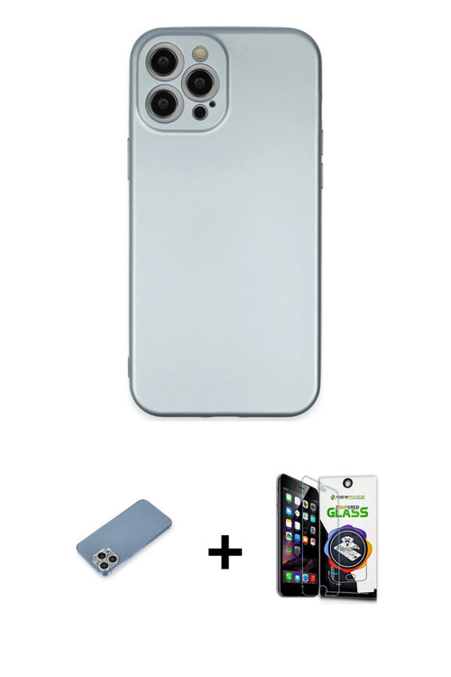 iPhone 12 Pro Max Kılıf Ahenk Serisi - Şeffaf Temperli Cam Ekran Koruyucu + Gümüş Shine Kamera