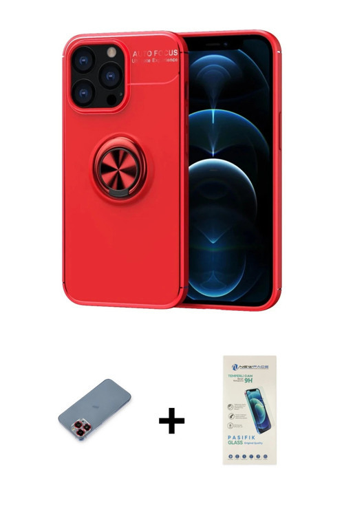ieg™ iPhone 13 Pro Max Kılıf Yankı Form Prime - Şeffaf Pasifik Cam Ekran Koruyucu + Kırmızı Metal Ka