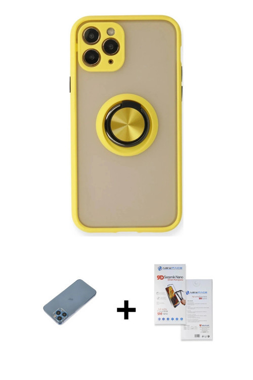 iPhone 11 Pro Max Kılıf Yörünge Çizgi - Siyah Seramik Nano Ekran Koruyucu + Mavi Shine Kamera L
