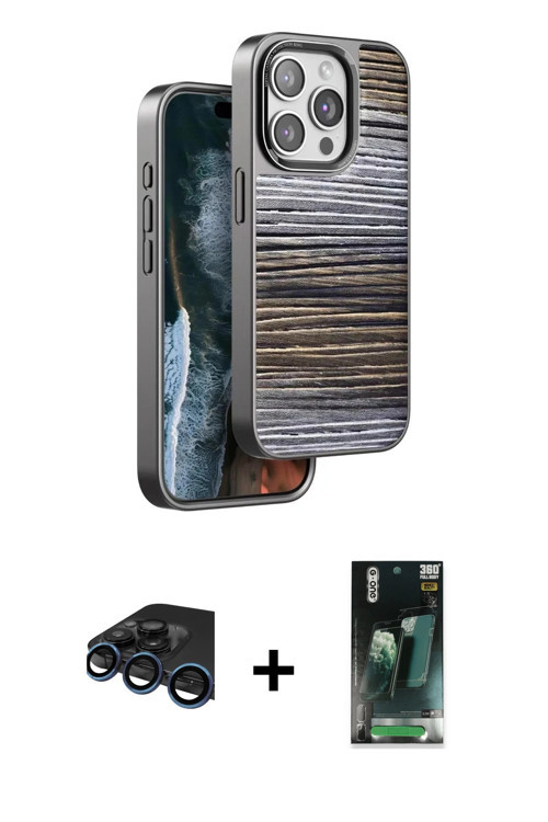 iPhone 15 Pro Kılıf Atlas Minimal Özel Seri - Siyah 360 Mat Full Body Arka Koruyucu + Lacivert