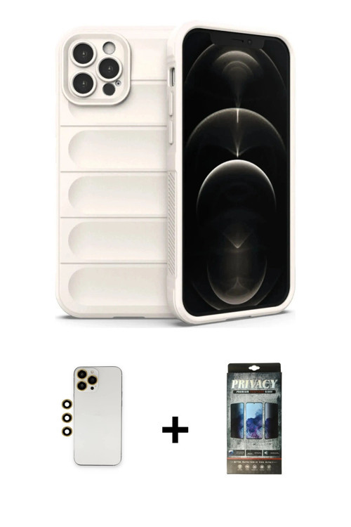 iPhone 12 Pro Kılıf Atlas Koleksiyonu - Siyah 34D Hayalet Izgaralı Cam + Gold Shine Kamera Lens