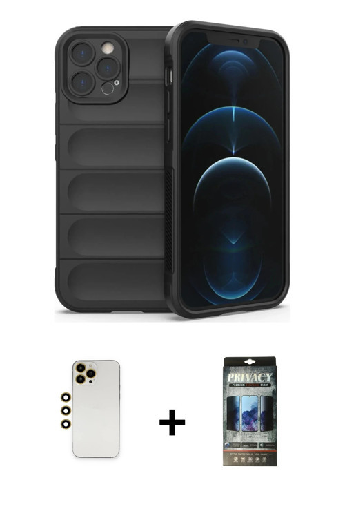 iPhone 12 Pro Kılıf Atlas Koleksiyonu - Siyah 34D Hayalet Izgaralı Cam + Gold Shine Kamera Lens
