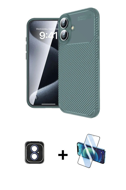 ieg™ iPhone 16 Kılıf Eksen Form Prime - Siyah 3D Antistatik Seramik Nano Ekran Koruyucu + Mavi PVD M