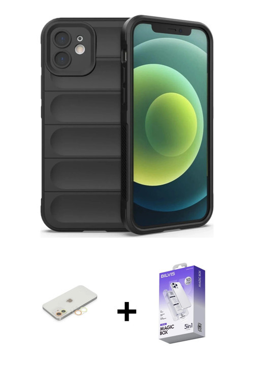 ieg™ iPhone 12 Kılıf Atlas Koleksiyonu - Siyah Bilvis 5in1 3D Magic Cam Ekran Koruyucu + Sarı Renkli