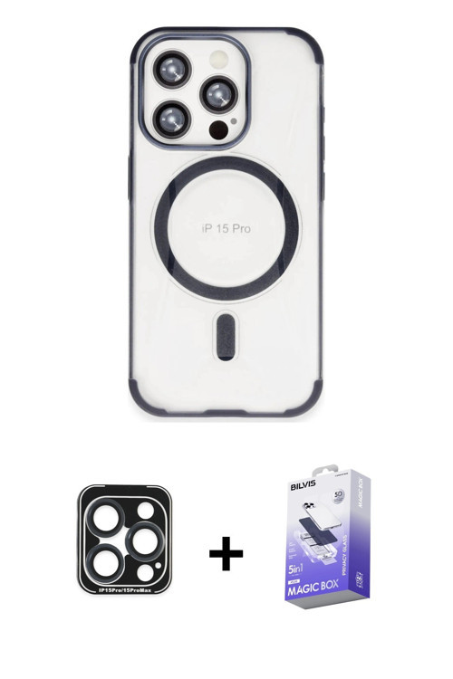 iPhone 15 Pro Max Kılıf Eksen Klasik Koleksiyonu - Siyah Bilvis 5in1 5D Magic Hayalet Cam Ekran