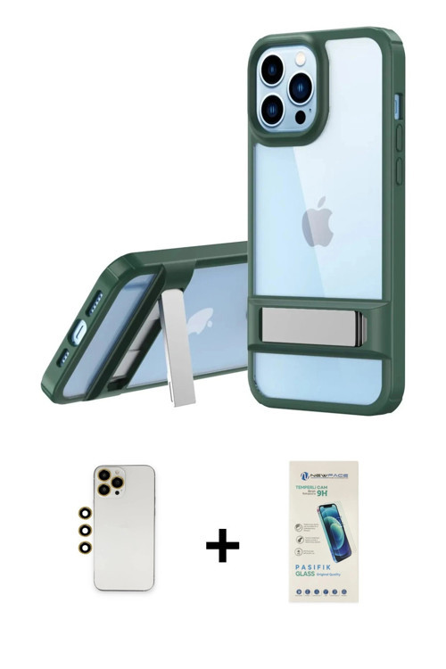 iPhone 13 Pro Max Kılıf Yadigar Yansıma - Şeffaf Pasifik Cam Ekran Koruyucu + Gold Shine Kamera