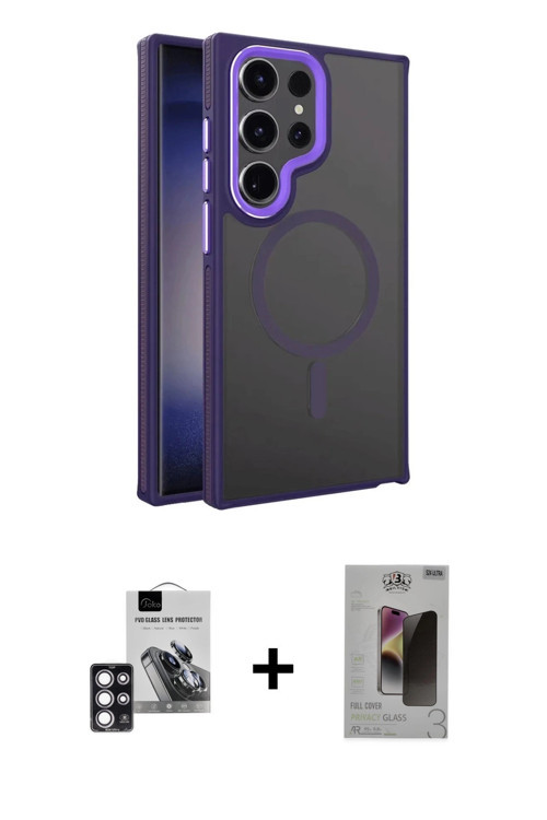ieg™ Galaxy S24 Ultra Kılıf Yörünge Klasik - Siyah Bilvis Hayalet Cam Ekran Koruyucu + Pembe PVD Met
