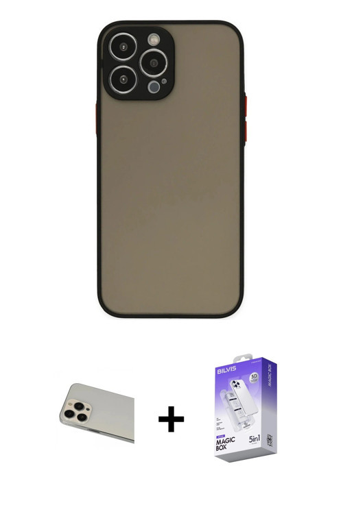 iPhone 13 Pro Max Kılıf Ahenk Çizgi Serisi - Siyah Bilvis 5in1 3D Magic Cam Ekran Koruyucu + Ro