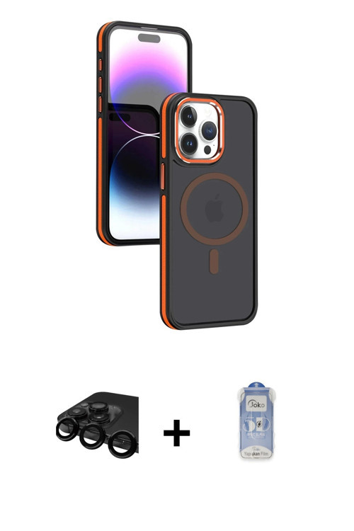 iPhone 15 Pro Max Kılıf Yörünge Klasik - Siyah Joko Magic 5D Cam + Siyah Raze Metal Kamera Lens