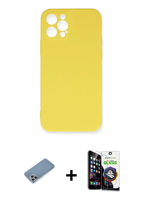 iPhone 12 Pro Max Kılıf Ahenk Serisi - Şeffaf Temperli Cam Ekran Koruyucu + Gümüş Shine Kamera