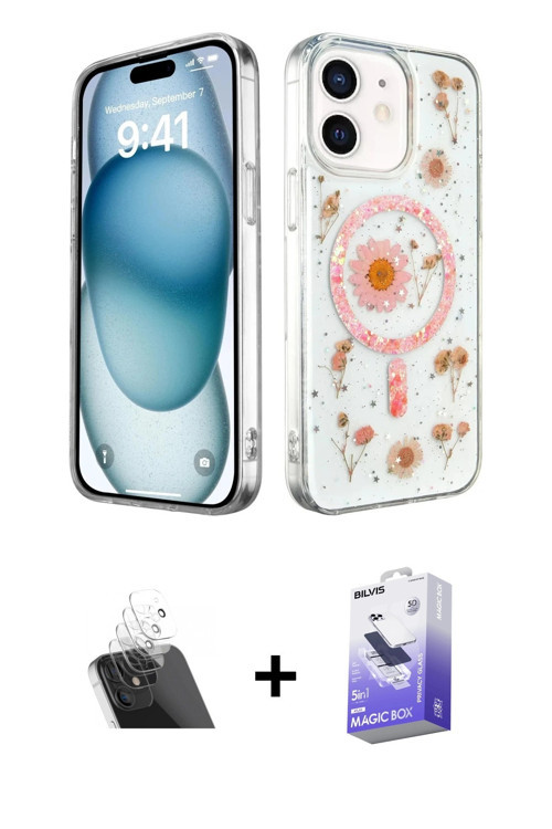 iPhone 12 Kılıf Kozmos Doku - Siyah Bilvis 5in1 5D Magic Hayalet Cam Ekran Koruyucu + Şeffaf Ka