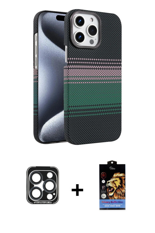 iPhone 15 Pro Max Kılıf Doruk Serisi - Siyah Buffer Hayalet Cam Ekran Koruyucu + Lacivert PVD M