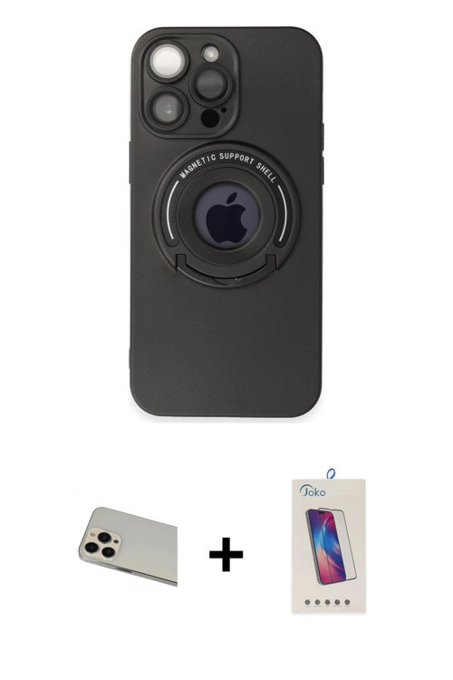 iPhone 13 Pro Max Kılıf Eksen Klasik Prime - Siyah Joko 5D Cam + Rose Gold Rainbow Kamera Lens