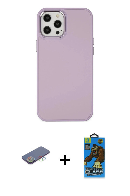 iPhone 12 Pro Max Kılıf Çekirdek Çizgi - Siyah 18D Cam Ekran Koruyucu + Mavi Renkli Kamera Lens