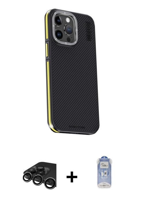 iPhone 15 Pro Max Kılıf Kıvılcım Modern Özel Seri - Siyah Joko Magic 5D Cam + Titanyum Gri Raze